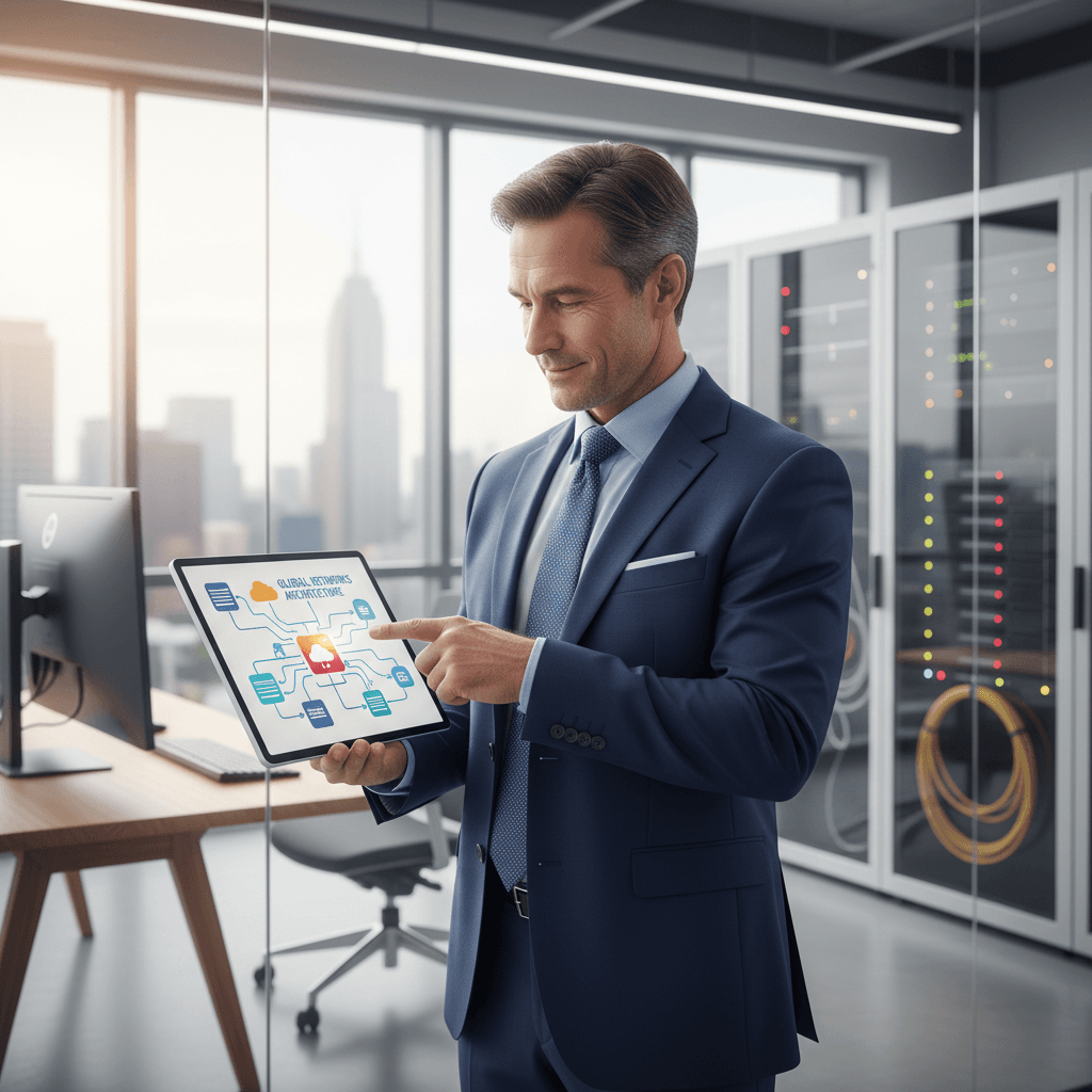 IT consultant pointing at a network diagram on a tablet in a modern office