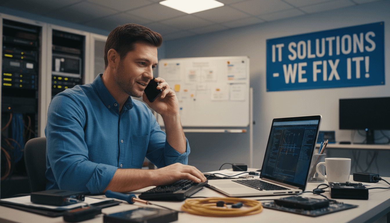 IT support technician on a phone call at a desk with a laptop