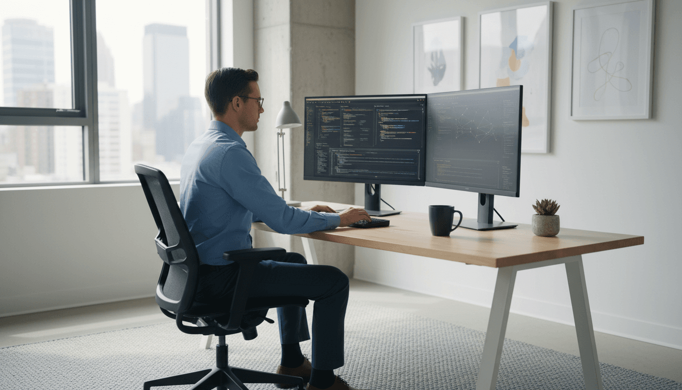 Cybersecurity professional working at a modern desk with dual monitors in a bright office