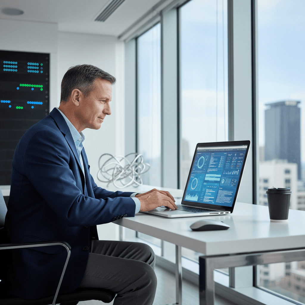 Professional IT consultant in modern office setting reviewing data on laptop screen