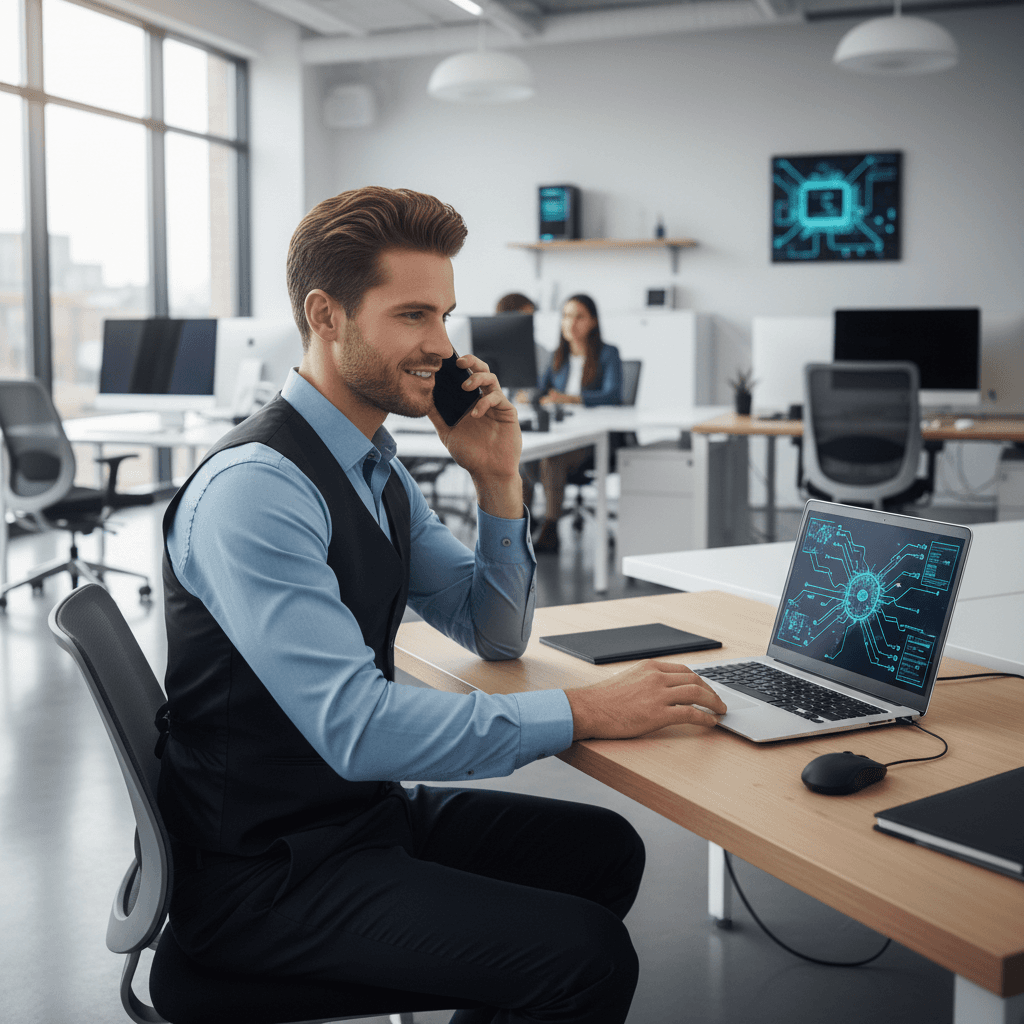 IT support technician on a phone call at a desk with a laptop in a modern office