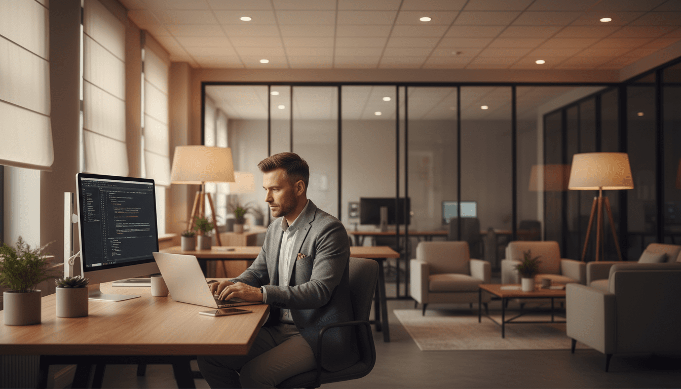 IT professional working on laptop in a bright office