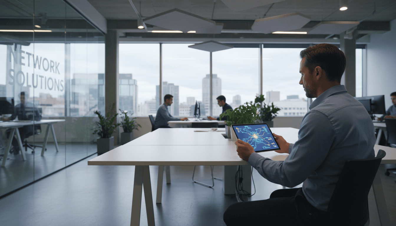 Professional consultant reviewing network infrastructure on a tablet