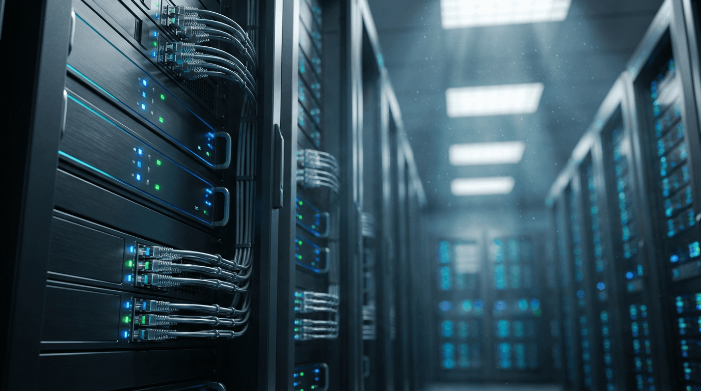 Data center server corridor with blinking blue LED lights and volumetric light rays creating atmospheric depth.